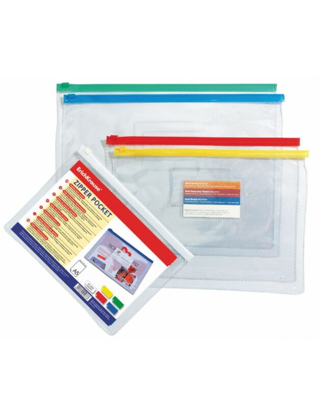 pochette zippee erichkrause pvc zip pocket a5 transparent 12 pieces dans un sachet 4041485029373